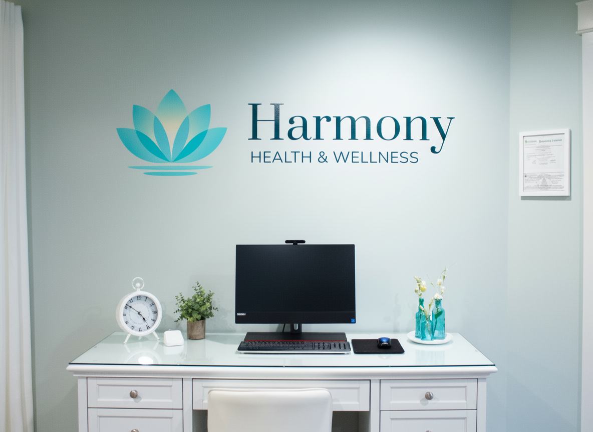 Harmony Health & Wellness reception desk with branded logo wall