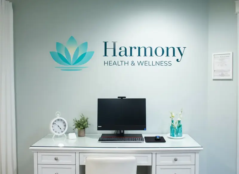 Harmony Health & Wellness reception area with branded logo wall in Farmington, Utah